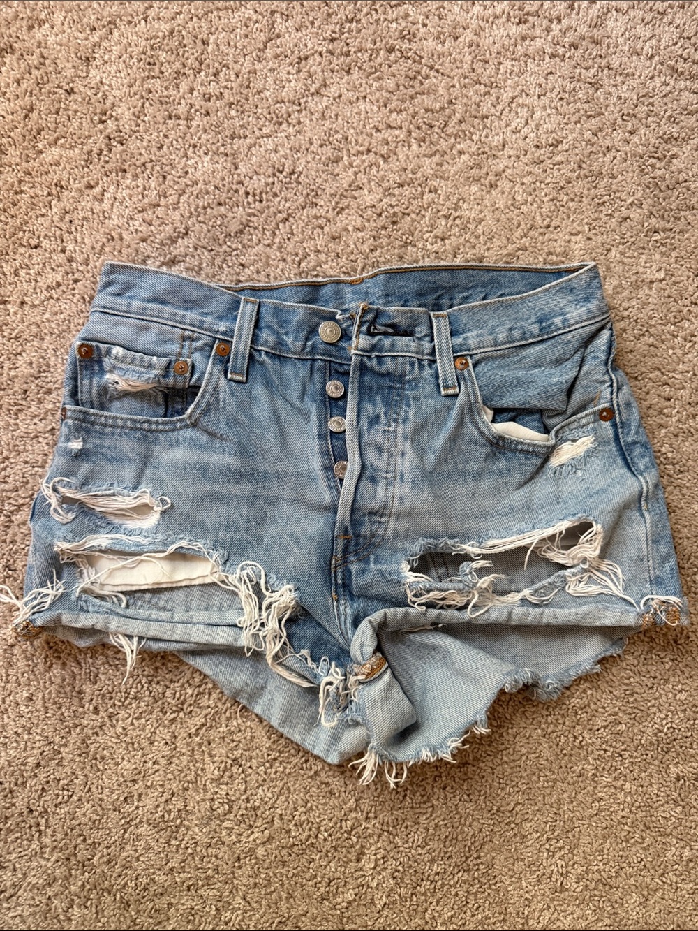 Levi's Light Blue Distressed Denim Button-Fly Shorts
